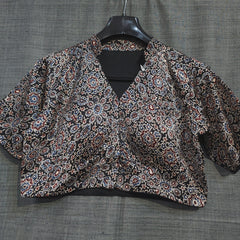 Ajarakh Print on Black Modal Silk Blouse with Sleeves and Collared Neckline