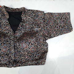 Ajarakh Print on Black Modal Silk Blouse with Sleeves and Collared Neckline