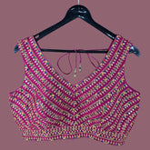 Shangar Magenta Pink Raw Silk Blouse with Multi-color Embroidery and Sequins Work with V Neckline