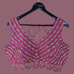 Shangar Magenta Pink Raw Silk Blouse with Multi-color Embroidery and Sequins Work with V Neckline