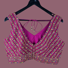 Shangar Magenta Pink Raw Silk Blouse with Multi-color Embroidery and Sequins Work with V Neckline