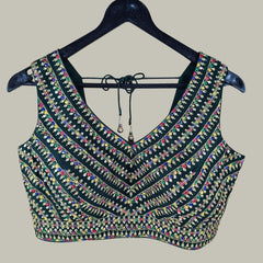 Shangar Bottle Green Raw Silk Blouse with Multi-color Embroidery and Sequins Work with V Neckline