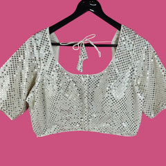 Gulzar White Full Sequin Half Sleeves Blouse with Round Neckline