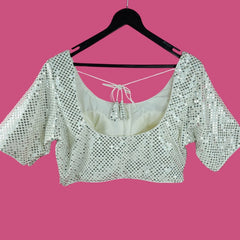 Gulzar White Full Sequin Half Sleeves Blouse with Round Neckline