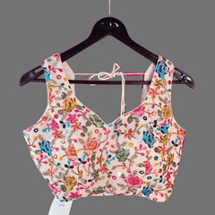 Jodha Peach Georgette Base Sleeveless Blouse with Multi-Color Resham Floral Threadwork and Sweetheart Neckline