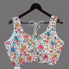Jodha White Georgette Base Blouse with Multi-Color Resham Floral Threadwork and Sweetheart Neckline