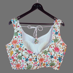 Jodha White Georgette Base Blouse with Multi-Color Resham Floral Threadwork and Sweetheart Neckline