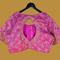 Zardana Magenta Pink Banaras Brocade Blouse with Zari work and Round Neckline