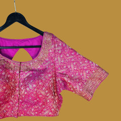 Zardana Magenta Pink Banaras Brocade Blouse with Zari work and Round Neckline