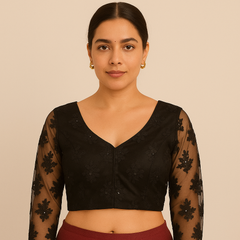 Nazakat Black Net V Neck Blouse with Sequin Work