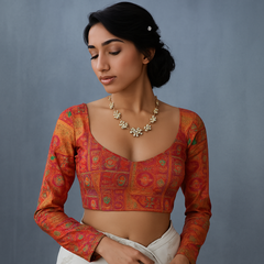 Nusrat Dola Silk Dark Orange Color Blouse with Round Neckline