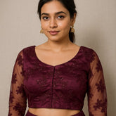 Nazakat Net Wine Color Blouse with sequin work with V Neckline