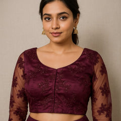 Nazakat Net Wine Color Blouse with sequin work with V Neckline