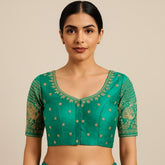 Peacock Embroidered Emerald Green Raw Silk Base Blouse with Round Neckline