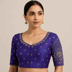 Peacock Embroidered Royal Purple Raw Silk Base Blouse with Round Neckline