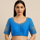 Peacock Embroidered Sky Blue Raw Silk Base Blouse with Round Neckline