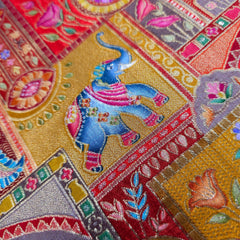 Pure Banarasi Dola Silk Soft Brocade with Position Print of Elephant on Mustard Yellow Base with Blue Border