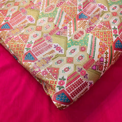 Pure Banarasi Dola Silk Soft Brocade with Multicolor Position Print on White Base