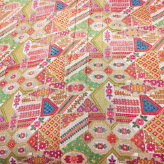 Pure Banarasi Dola Silk Soft Brocade with Multicolor Position Print on White Base