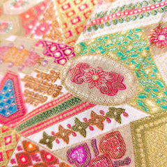 Pure Banarasi Dola Silk Soft Brocade with Multicolor Position Print on White Base