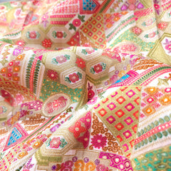 Pure Banarasi Dola Silk Soft Brocade with Multicolor Position Print on White Base