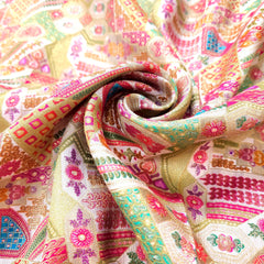 Pure Banarasi Dola Silk Soft Brocade with Multicolor Position Print on White Base