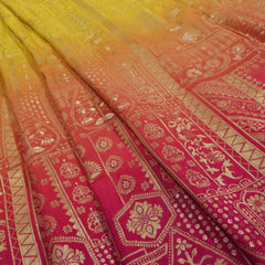 Pure Banarasi Dola Silk Soft Brocade with Position Print on Yellow to Rani Pink Ombre