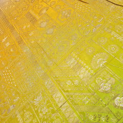 Pure Banarasi Dola Silk Soft Brocade with Position Print on Mustard Yellow to Parrot Green Ombre