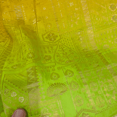 Pure Banarasi Dola Silk Soft Brocade with Position Print on Mustard Yellow to Parrot Green Ombre