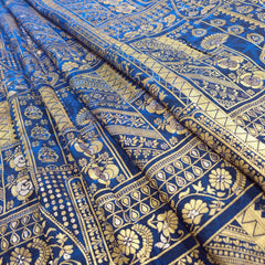 Pure Banarasi Dola Silk Soft Brocade with Position Print on Blue to Navy Blue Ombre