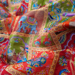 Pure Banarasi Silk Brocade with Multicolor Position of Animal & Floral Print on Orange Base