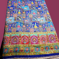 Pure Banarasi Dola Silk Soft Brocade with Position Print of Elephant on Blue Base with Pink Mutli-Color Border