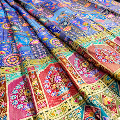 Pure Banarasi Dola Silk Soft Brocade with Position Print of Elephant on Blue Base with Pink Mutli-Color Border