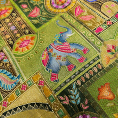 Pure Banarasi Dola Silk Soft Brocade with Position Print of Elephant on Blue Base with Pink Mutli-Color Border