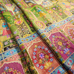 Pure Banarasi Dola Silk Soft Brocade with Position Print of Elephant on Blue Base with Pink Mutli-Color Border