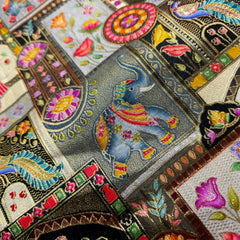 Pure Banarasi Dola Silk Soft Brocade with Position Print of Elephant on Black Base with Mutli-Color Border