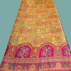 Pure Banarasi Dola Silk Soft Brocade with Position Print on Mustard Yellow Base with Pink Border