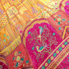 Pure Banarasi Dola Silk Soft Brocade with Position Print on Mustard Yellow Base with Pink Border