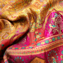 Pure Banarasi Dola Silk Soft Brocade with Position Print on Mustard Yellow Base with Pink Border