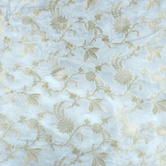 White Dyeable Crepe Brocade with Golden Floral Vines Pattern