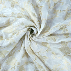 White Dyeable Crepe Brocade with Golden Floral Vines Pattern