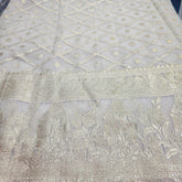 Embroidered Banaras Brocade Dyeable Fabric with All Over Checkered and Floral Border