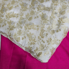 White Dyeable Brocade Fabric with Gold Rose Motif