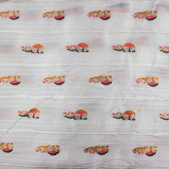 Embroidered Dyeable Striped Chanderi Fabric with Paisley Style Motif in Colorful Thread