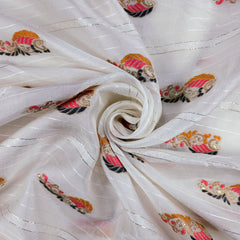 Embroidered Dyeable Striped Chanderi Fabric with Paisley Style Motif in Colorful Thread