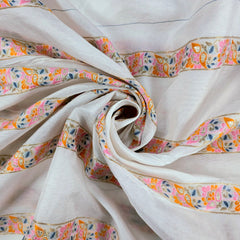 Embroidered Dyeable Striped Chanderi Fabric with Colorful Floral Thread Stripes