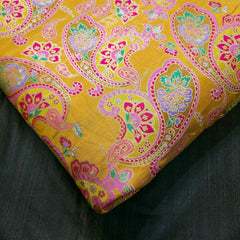 Pure Banarasi Dola Silk Soft Brocade with Paisley Position Print on Mustard Yellow Base