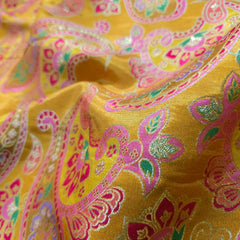 Pure Banarasi Dola Silk Soft Brocade with Paisley Position Print on Mustard Yellow Base