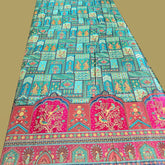 Pure Banarasi Dola Silk Soft Brocade with Position Print on Firozi Base with Pink Border
