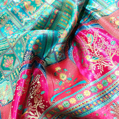 Pure Banarasi Dola Silk Soft Brocade with Position Print on Firozi Base with Pink Border